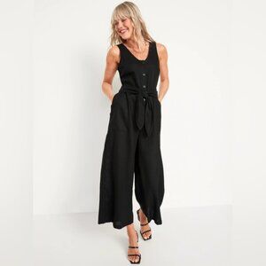 Sleeveless Cropped Linen-Blend Belted Jumpsuit